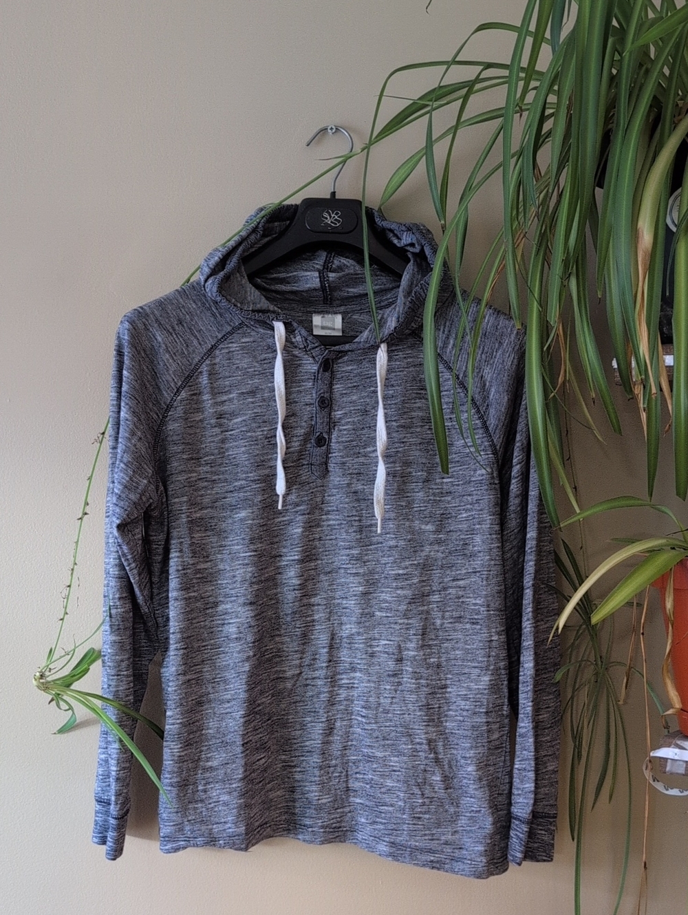 Tag Gray Heather Hooded Henley with White Drawstrings